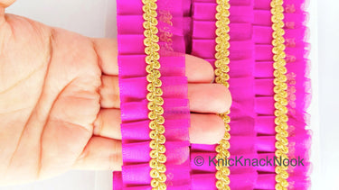 Purple Satin And Purple Net Fabric Trim With Gold Embroidery Trimming, Pleated Lace Trim, Trim